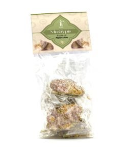 Transparent packaging of Bronte Store brand 'Mushypis' pistachio pastries, typical Sicilian pistachio pastries