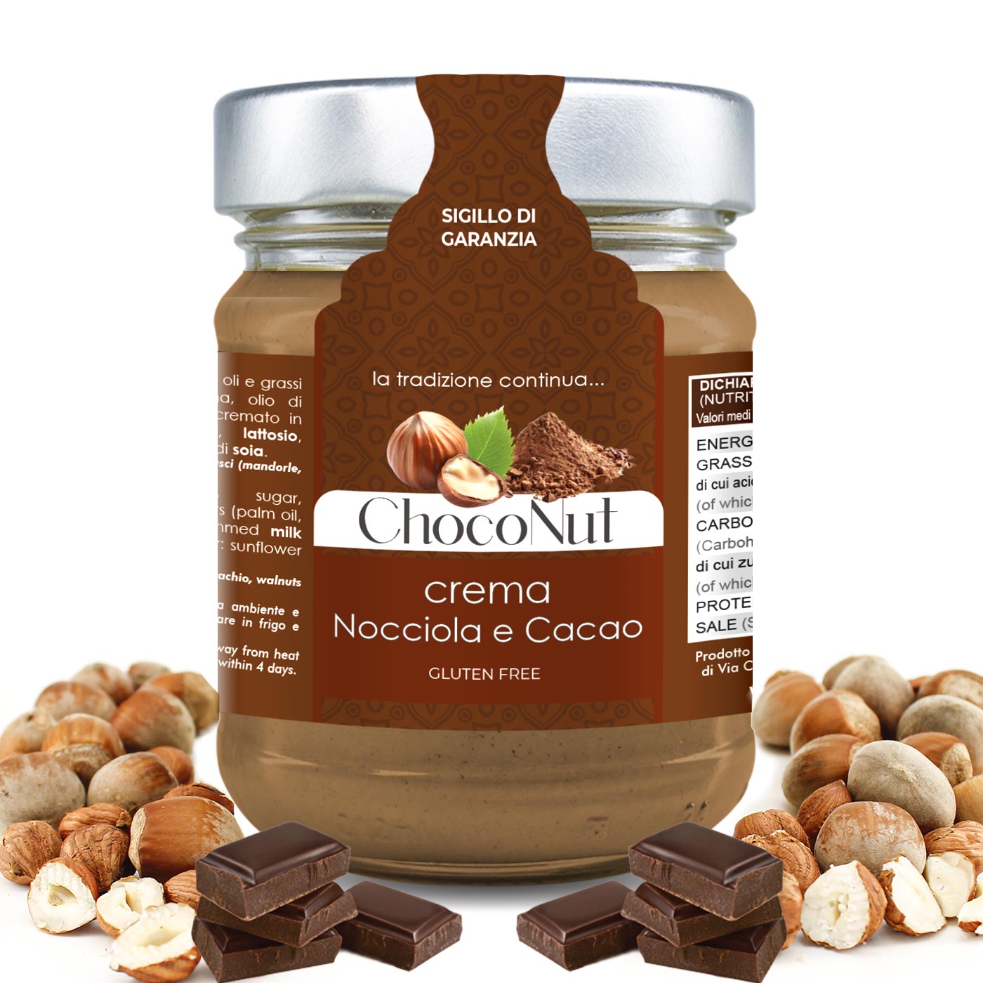 Jar of Choconut Cream with gianduja flavour, around hazelnuts and chocolate squares.