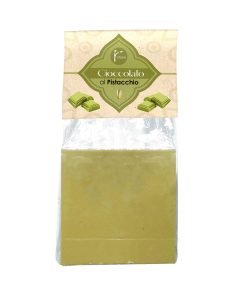 Packaged Bronte store pistachio chocolate 'Mattonella' bar, in transparent bag.