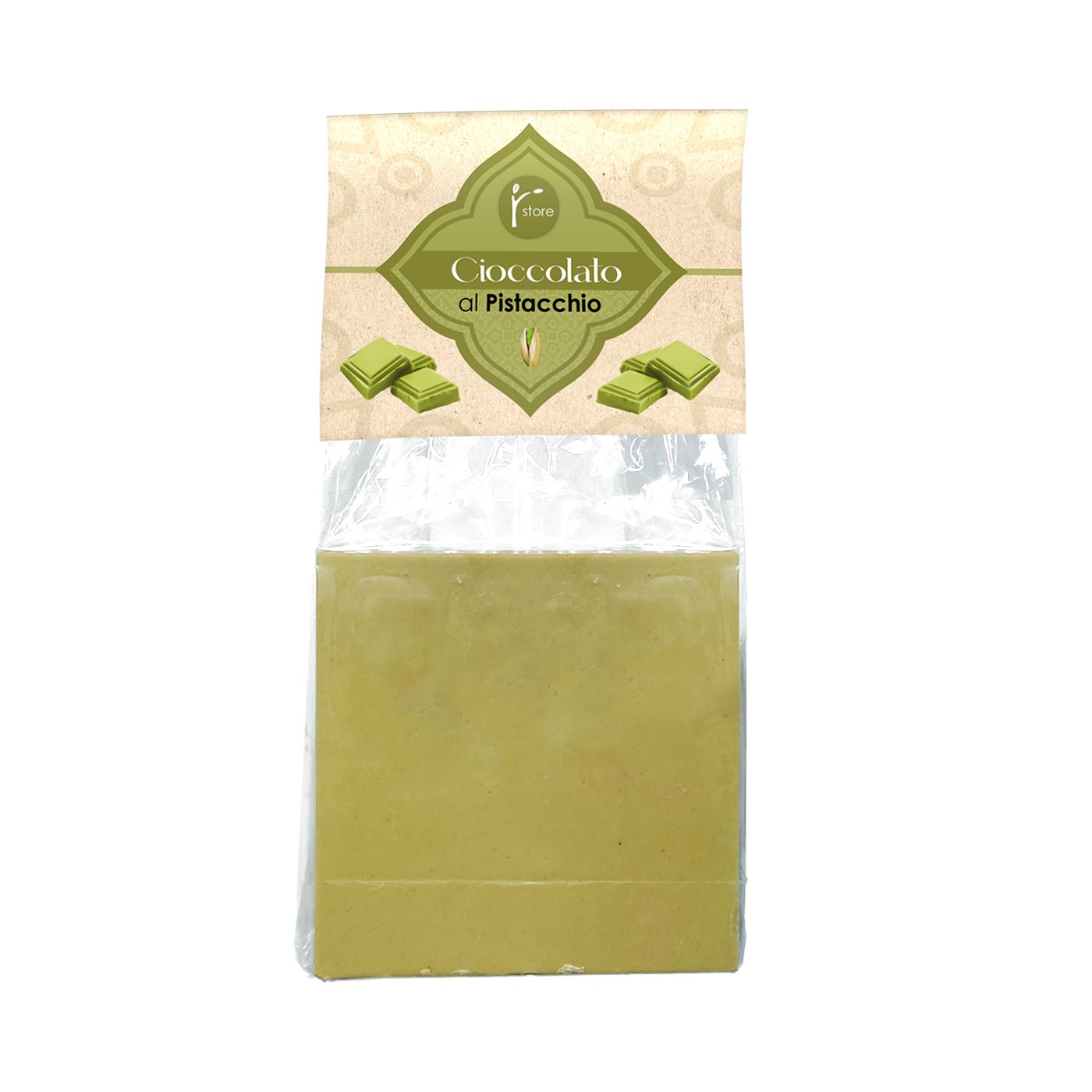 Confezione Barretta "Mattonella" al cioccolato di pistacchio Bronte store, in busta trasparente.