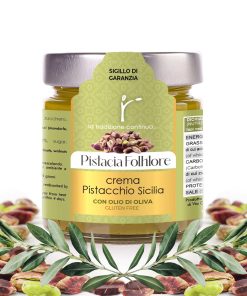 Jar of Pistacia Folklore Bronte store, gluten- and lactose-free Sicilian pistachio cream