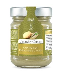 Jar of pistachio cream and Bronte store crunch biscuit