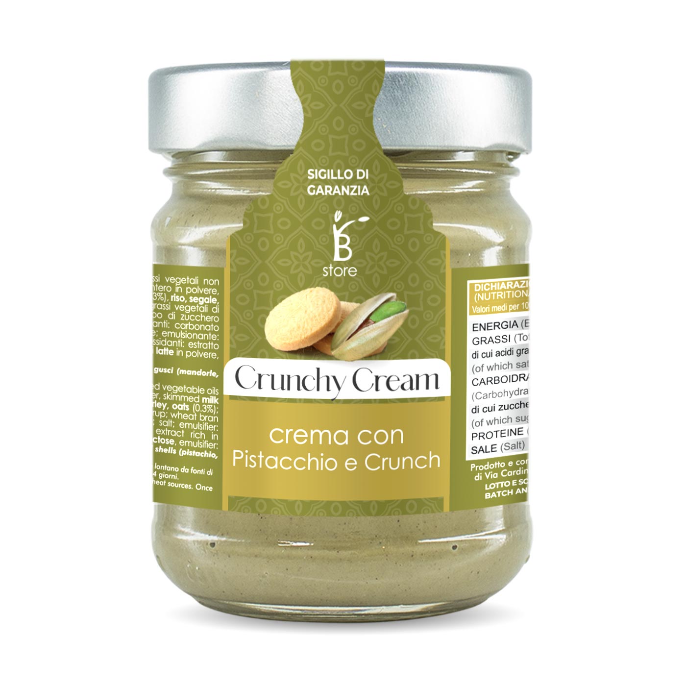Jar of pistachio cream and Bronte store crunch biscuit