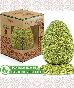 Photo of the Bronte store pistachio easter egg with the respective box on the left, and an inscription on the bottom left saying: ECO BOX IN VEGETABLE CARDBOARD