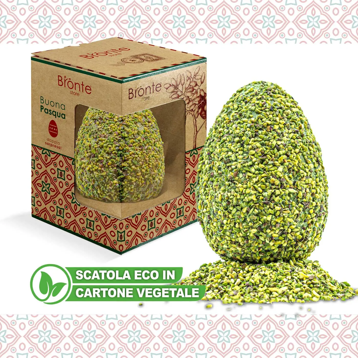 Photo of the Bronte store pistachio easter egg with the respective box on the left, and an inscription on the bottom left saying: ECO BOX IN VEGETABLE CARDBOARD