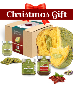Pistachio product selections for Christmas, including: Pistachio panettone with a jar of pistachio cream, pistachio crunchies, pistachio pesto and pistachio and sun-dried tomato pesto.