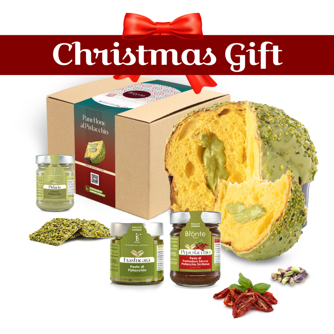 Pistachio product selections for Christmas, including: Pistachio panettone with a jar of pistachio cream, pistachio crunchies, pistachio pesto and pistachio and sun-dried tomato pesto.