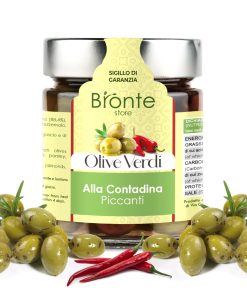 jar of spicy olives in oil with a silver cap and a yellow and green label. a Bronte store brand Several green olives and chilli peppers.