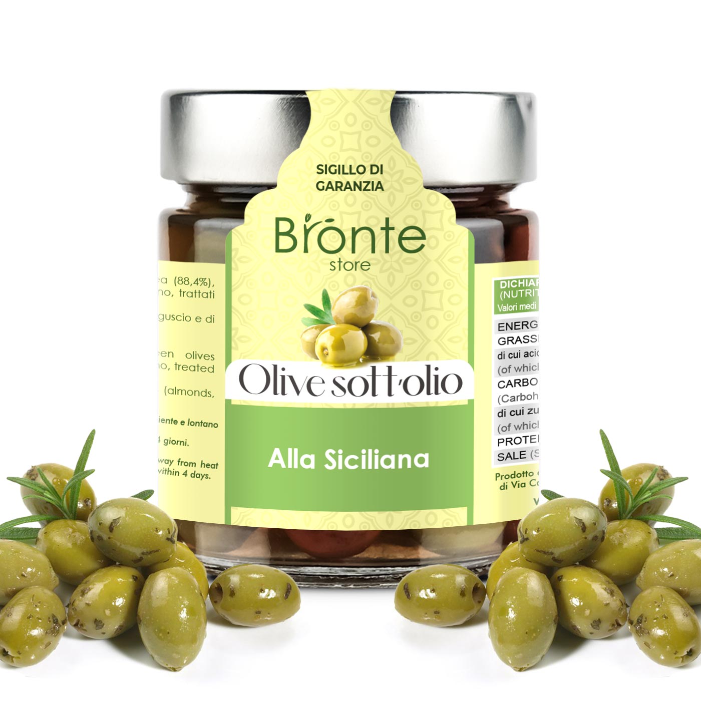 Jar of olives in oil with silver cap and yellow and green label. Several green olives framing.
