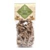 "Busiate" Durum wheat pasta and Bronte store brand pistachio flour in transparent packaging and beige and green label.