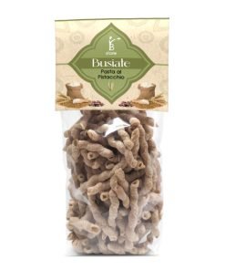 "Busiate" Durum wheat pasta and Bronte store brand pistachio flour in transparent packaging and beige and green label.