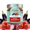 Jar of Caponata according to the typical Sicilian recipe, proposed by Bronte store. Around aubergines, tomatoes and onion.