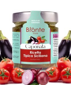 Jar of Caponata according to the typical Sicilian recipe, proposed by Bronte store. Around aubergines, tomatoes and onion.