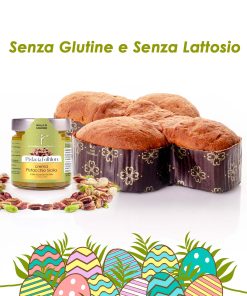 Photos of the gluten-free and lactose-free Bronte store colomba di pasqua cake. Next to the jar of pistacia folklore Sicilian pistachio cream Bronte store gluten-free and lactose-free.
