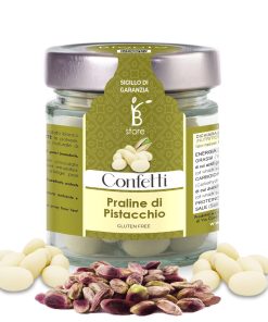 jar of Bronte store brand pistachio pralines. Pistachio confetti in glass with silver cap and green and beige labels