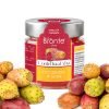 "Jar of Extra Jam of Sicilian FICODINDIA, branded Bronte Store, with red and yellow label and silver cap. Several Ficodindia pears framing the jar.