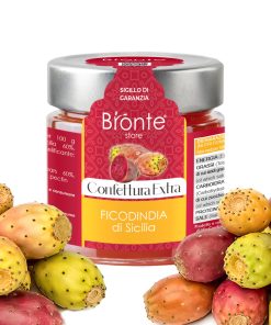 "Jar of Extra Jam of Sicilian FICODINDIA, branded Bronte Store, with red and yellow label and silver cap. Several Ficodindia pears framing the jar.