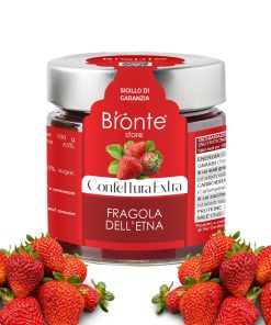 "Jar of Bronte Store branded Extra Strawberry Etna Jam, with red label and silver cap. Several fresh strawberries framing the jar.