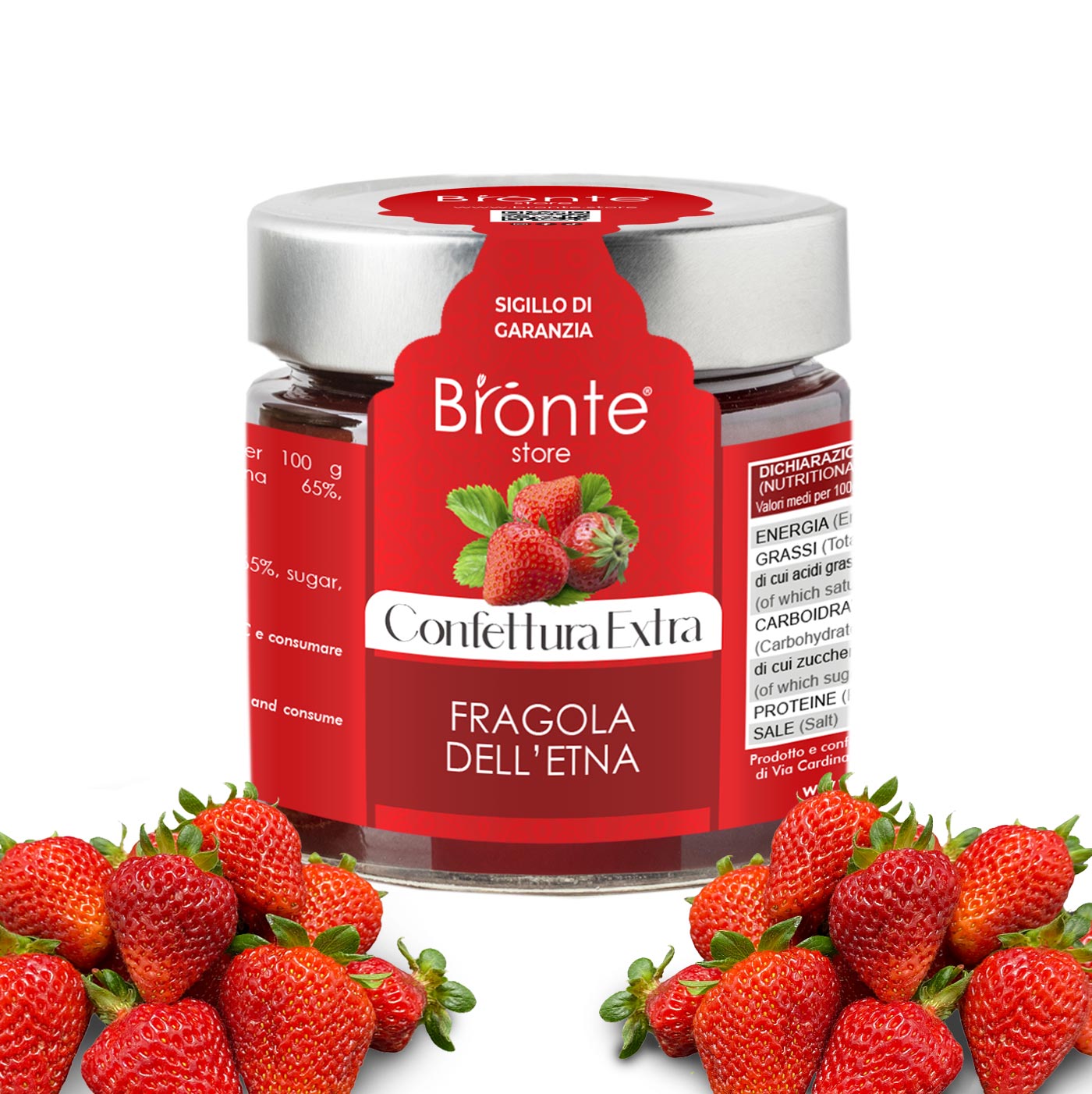 "Jar of Bronte Store branded Extra Strawberry Etna Jam, with red label and silver cap. Several fresh strawberries framing the jar.