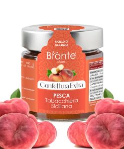 "Jar of Bronte Store-branded Sicilian Extra Tobacco Peach Jam, with orange label and silver cap. Several fresh 'Tabacchiera' peaches frame the jar.