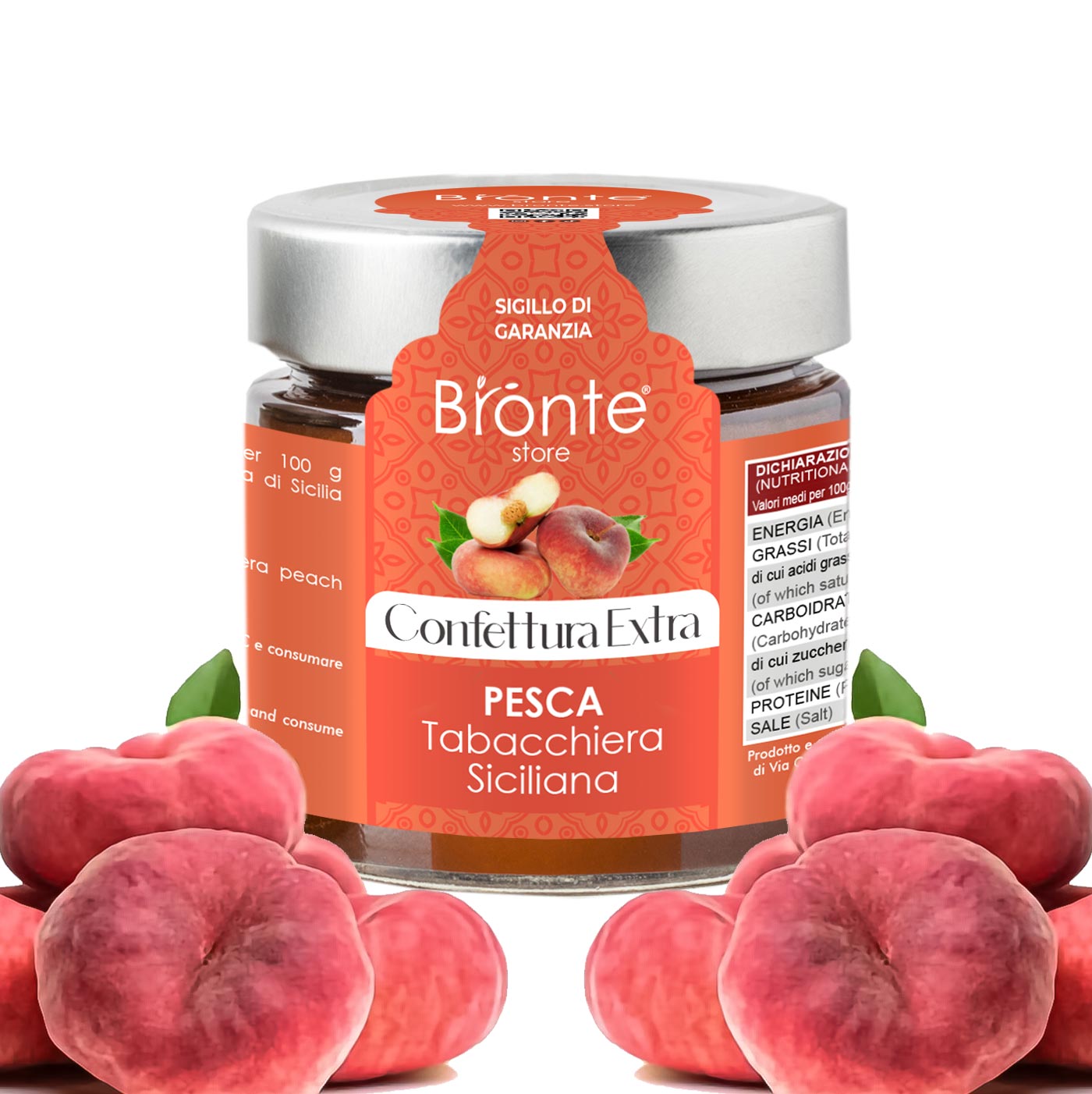 "Jar of Bronte Store-branded Sicilian Extra Tobacco Peach Jam, with orange label and silver cap. Several fresh 'Tabacchiera' peaches frame the jar.