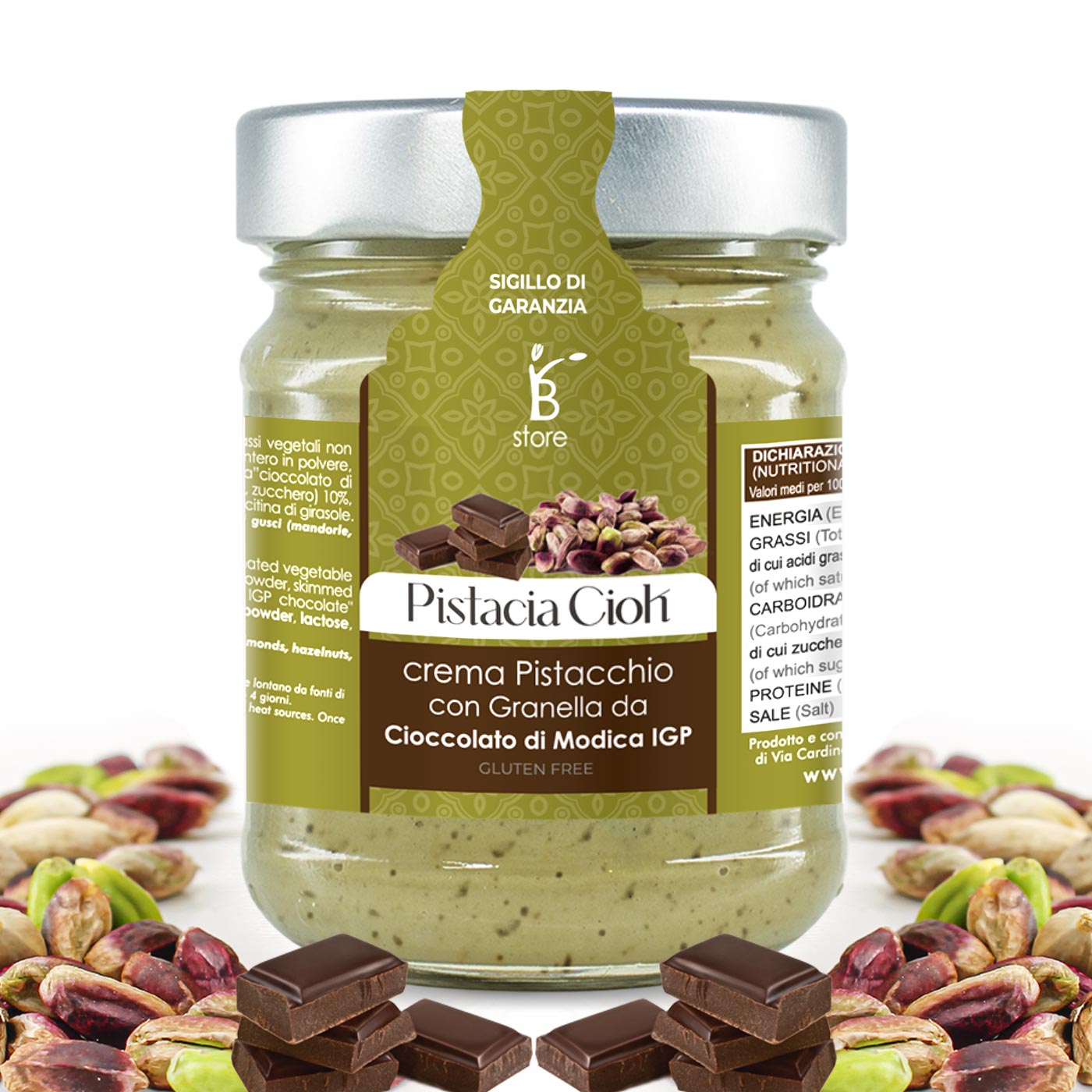 Jar of Bronte store-brand PGI pistachio cream and chocolate from Modica. Silver-coloured cap, green and brown label, and shelled pistachios and chocolate as a frame.