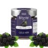 "Jar of Bronte Store branded Black Mulberry Extra Jam, with purple label and silver cap. Several Black Mulberries forming the frame.