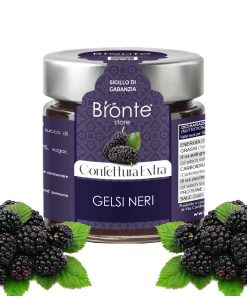 "Jar of Bronte Store branded Black Mulberry Extra Jam, with purple label and silver cap. Several Black Mulberries forming the frame.