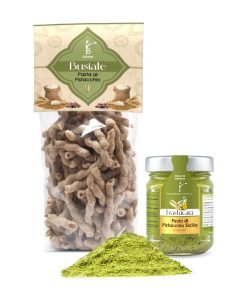 Pistachio paste kit. On the left Busiate durum wheat and pistachio paste in the centre chopped green pistachio and on the right jar of Sicilian pistachio pesto