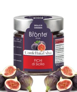 "Jar of extra jams of Sicilian FIGS branded Bronte Store, with purple and red label and silver cap. Several fresh figs framing the jar.