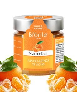 "Bronte Store brand jar of Sicilian mandarin marmalade, with orange label and silver cap. Several mandarins framing.