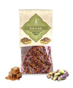 Bronte store-brand pistachio crispy nougat with caramel on the left and shelled Bronte pistachios on the right